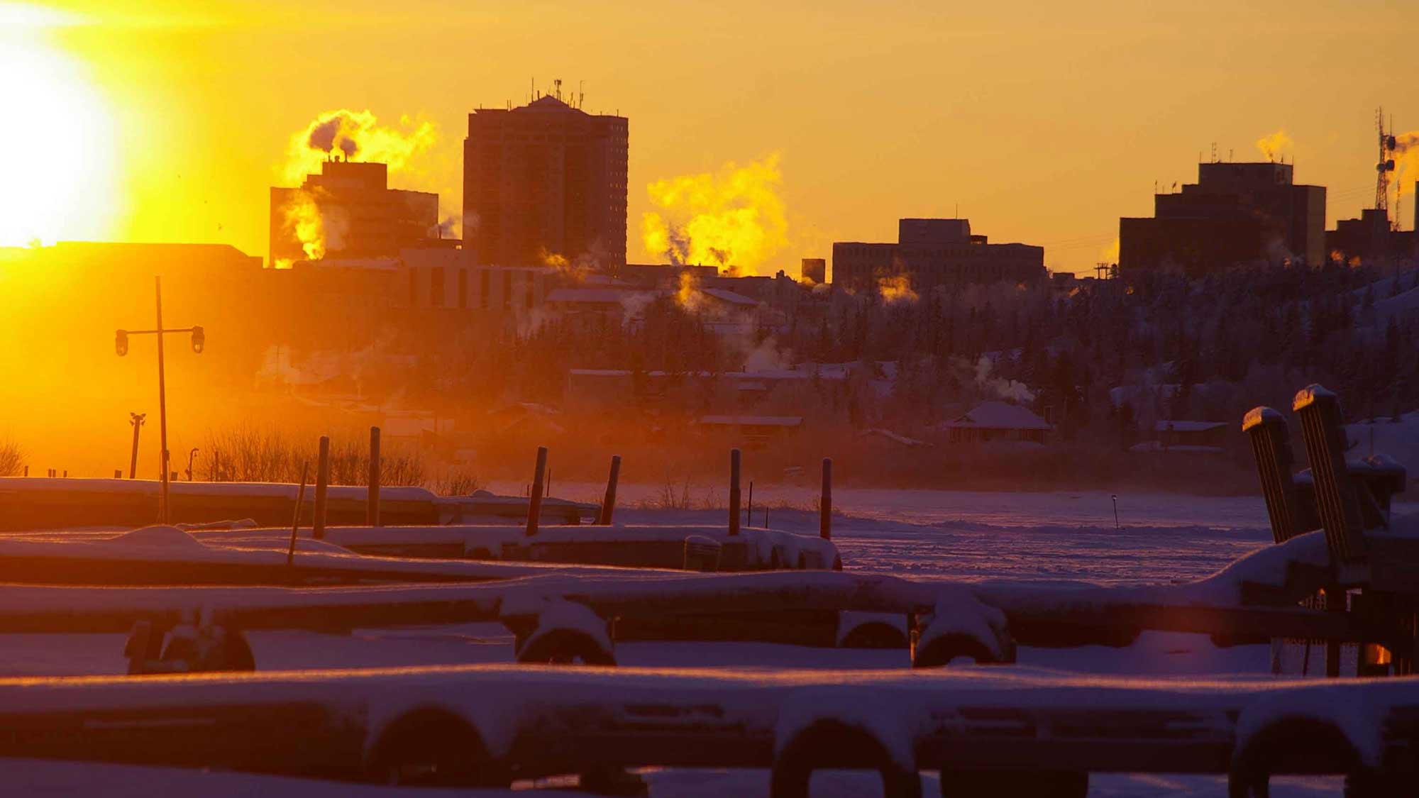 The Yellowknife skyline in winter from Back Bay.