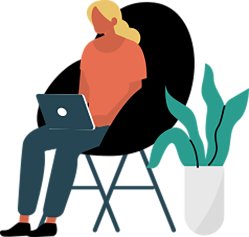 Illustration of woman sitting at a computer, reading.