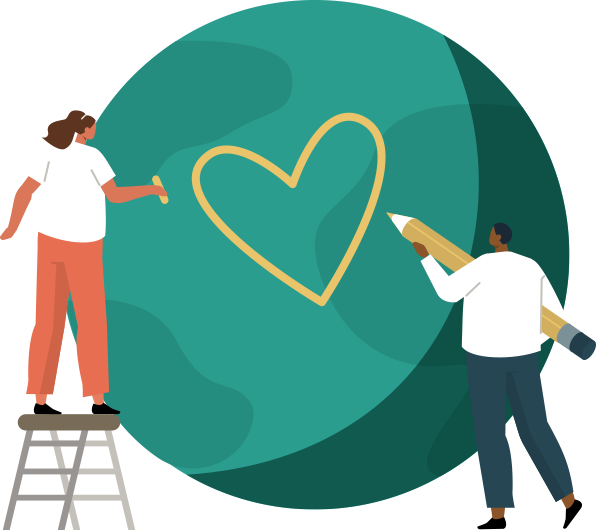 Illustration of two people drawing a heart on a globle